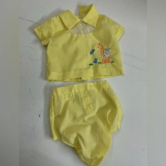 Vintage. Yellow Kids Animal Embroidered Outfit