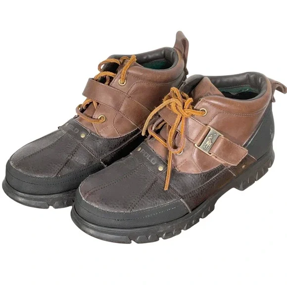 Polo Ralph Lauren Duck Boots Men 12D Black Brown Leather Ankle Hardy II‎ Lace Up