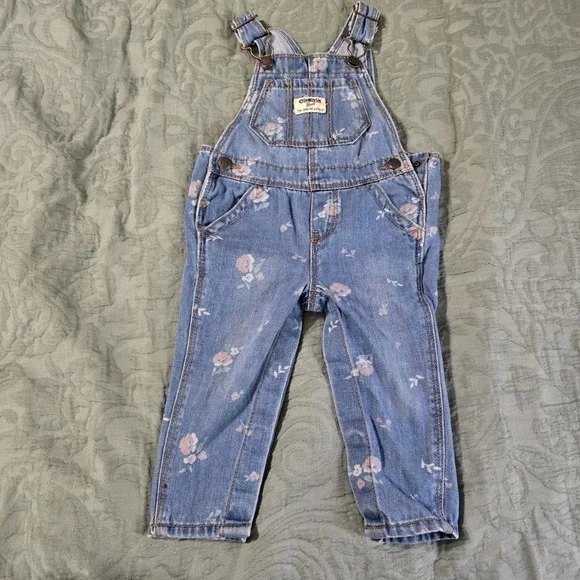 Infant OshKosh Bgosh Denim Overalls 9-12 m Blue Floral Buttons Diaper Snaps‎