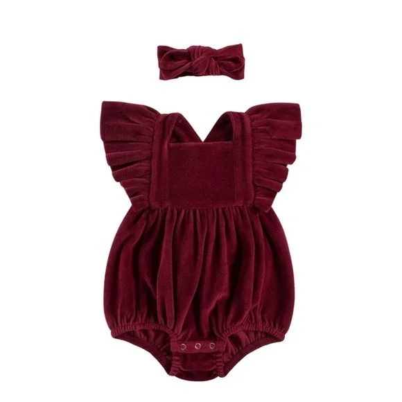 NWT Kate Quinn Velvet Ruffle Strap Bubble Romper w/ Headband Redwood 12-18 month