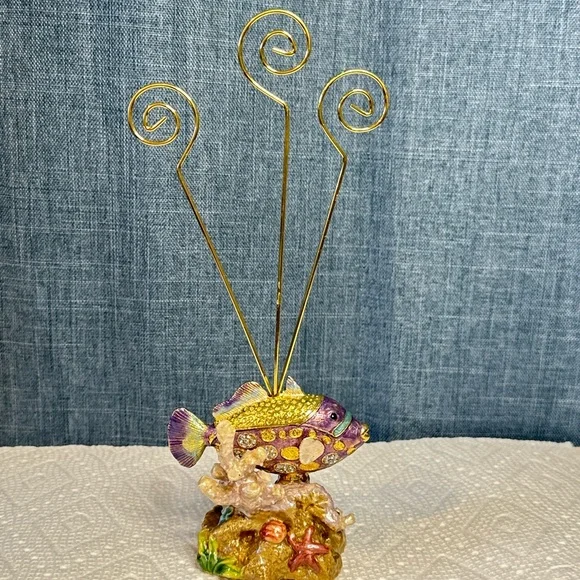 Enameled Fish With Coral Metal Figurine / Photo / Receipe / Note Card Holder
