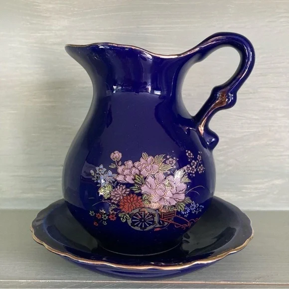 Vintage Cobalt Blue Asian Floral Pitcher and Basin Set Small