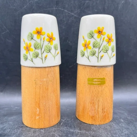 VTG MCM Wood Salt & Pepper Shakers Ceramic Tops 3.5