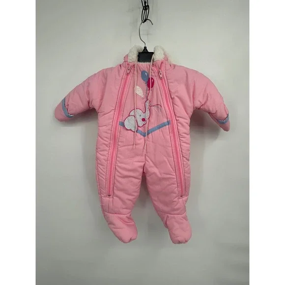 Vintage Baby Padded Snowsuit Jumpsuit‎ Pink Elephant Balloons Winter Outfit