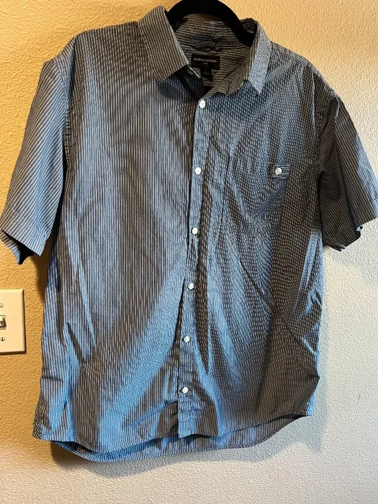 Banana Republic Mens Short Sleeve Button-Down Shirt Navy and White Pinstripe L