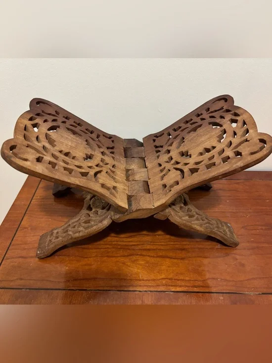 Vintage Hand-Carved Folding Wood Book or Tablet Stand - Brown