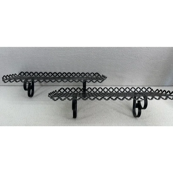 Black Metal Wall Shelves Pair Lattice Filigree MCM 13.5x4.5 Decor VTG