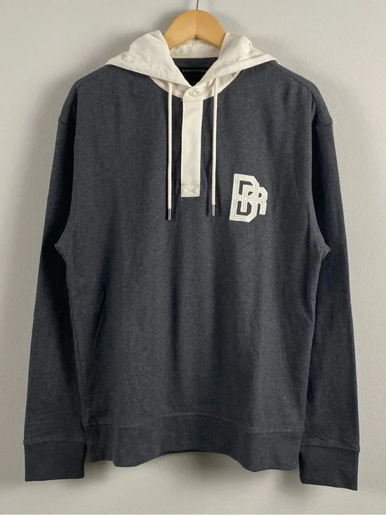 Banana Republic Rugby Long Sleeve Polo Hoodie | Chest Embroidery | Gray/Ivory