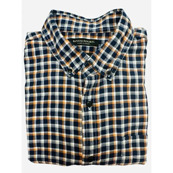 Banana Republic Luxe Flannel Slim Fit Plaid Shirt Men's Size Large Blue & Orange