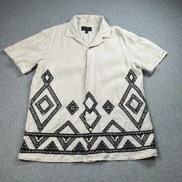 Banana Republic SS Linen Diamro‎ Shirt M Natural Embroidered Resort