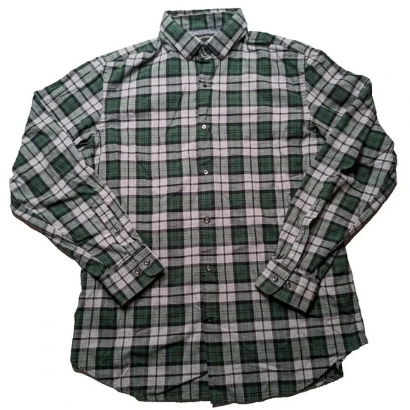 BANANA REPUBLIC Men‎ Large Green Gray Plaid Cotton FLANNEL Shirt