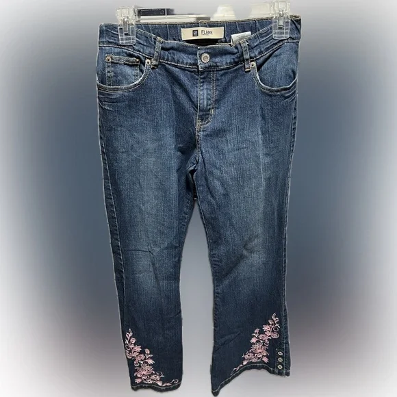 Gap Flare Blue Denim Jeans with Pink Embroidery