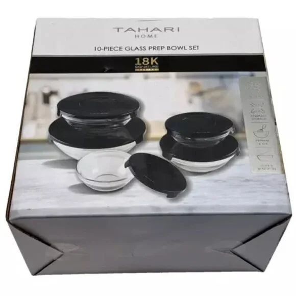 TAHARI Home‎ Glass Nesting Prep Bowl Set Stackable 10-Pc Kitchen Cooking Baking