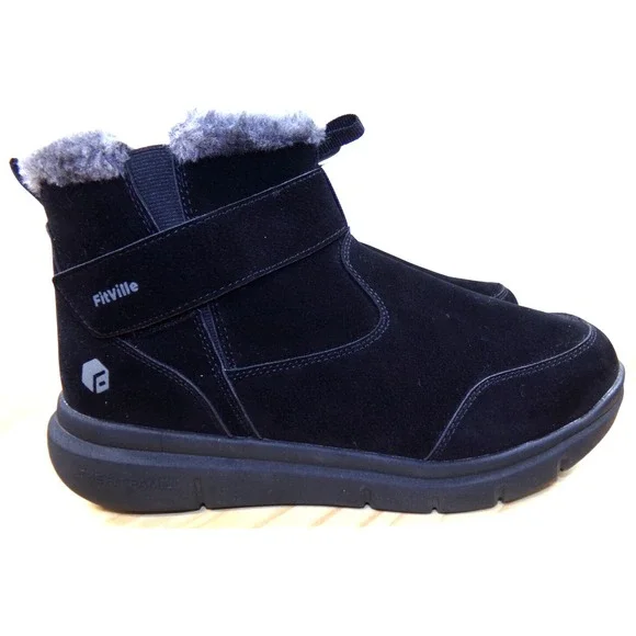 Fitville Marca Wide Fit Boots‎ Mens Black Size 10 W Slip On Hook & Loop Lined