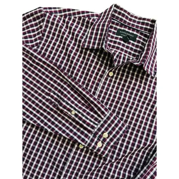 Banana Republic Non Iron Classic Fit Check Dress Shirt Burgundy Navy L 16 16.5