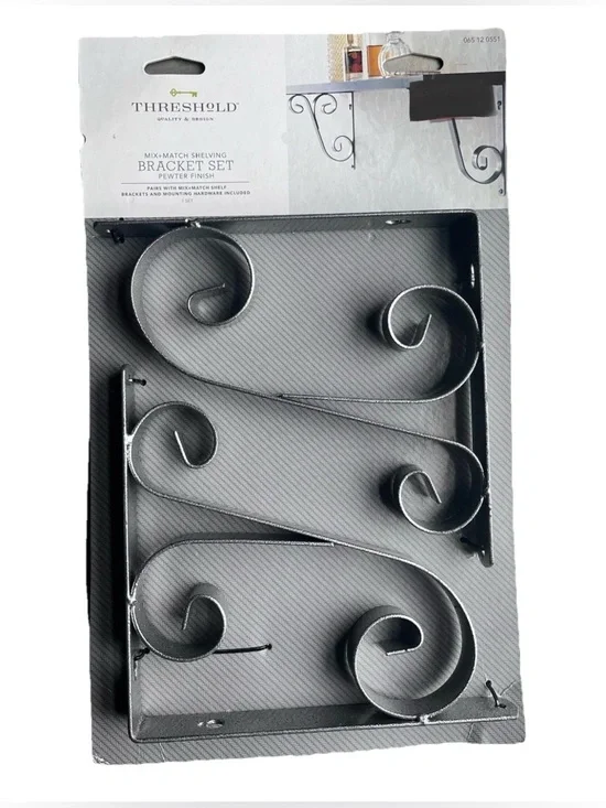 Threshold Pewter Shelf Brackets Set Swirl Metal Wall Mount 7” Decor