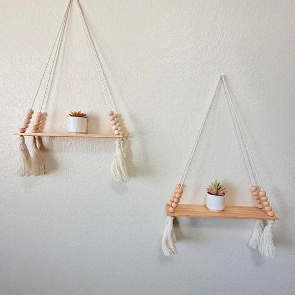 Black Natural Wood Hanging Wall Shelves with Tassels set (2)