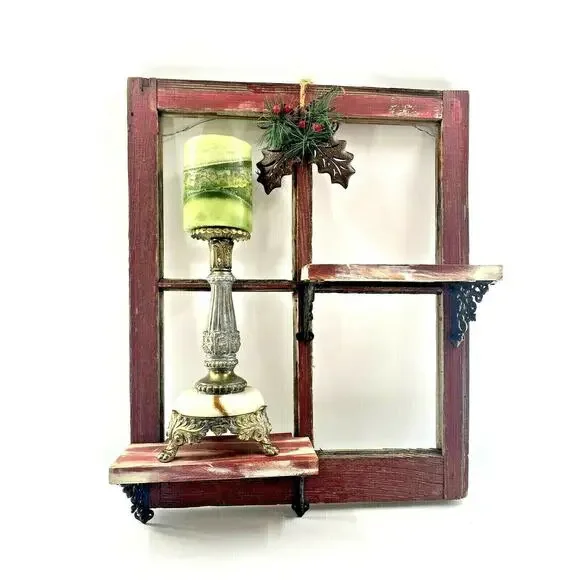 Vintage Red Barn Wood 4 Pane Window Wall Shelf Christmas Hollyberry Shadow Box