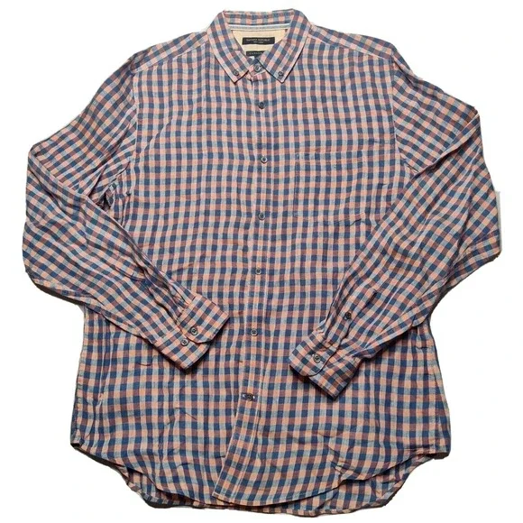 BANANA REPUBLIC CAMDEN FIT LINEN‎ Men Large Blue Orange Plaid Shirt EUC