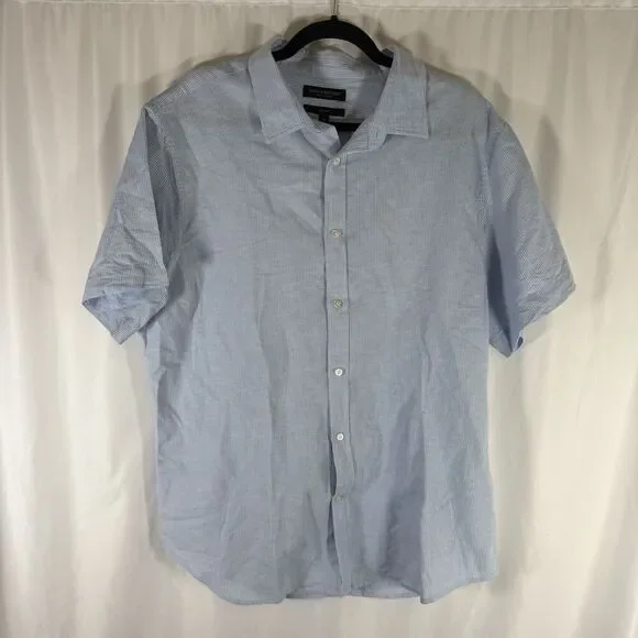 Banana Republic Linen Blend Shirt Men's XL Blue Striped Button Up Short Sleeve