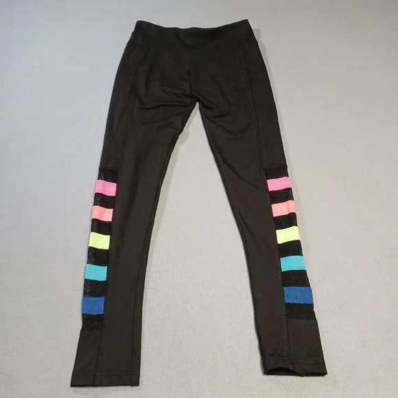 Justice Girls Black Active Leggings Neon Rainbow Mesh Stripe Size 12 170575