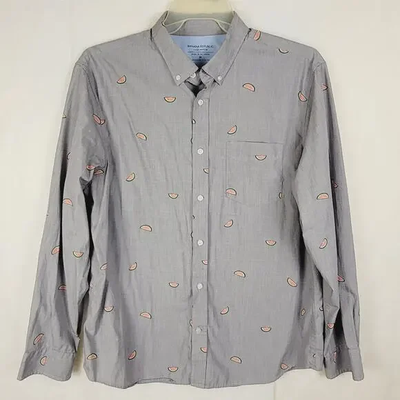 Banana Republic Luxe Poplin untucked slim fit button up Size XL Grey Watermelon