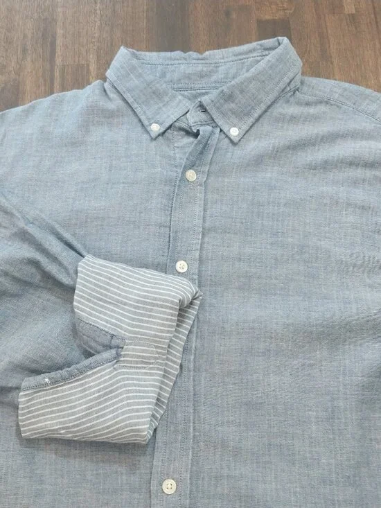 Banana Republic Untucked Slim Fit Double Cloth Blue Shirt Mens L Solid Stripped,