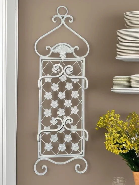 Decorative White Metal Floral Wall-Mounted Storage Rack With Scroll Design