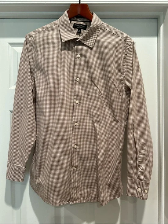 Banana Republic Men's Long Sleeve Micro-Check Shirt Tan & White athletic fit Med