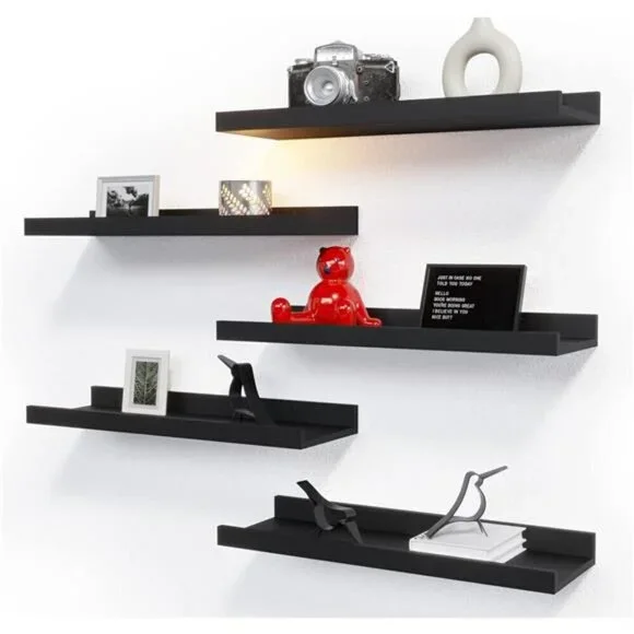5 Set Floating Wall Mounted Shelves Black Wall Decor Modern Picture Ledge Shelf