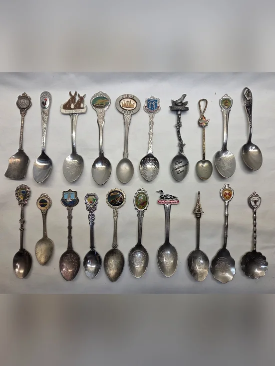 20 Vintage Silver-Tone Collectible Souvenir Spoon Lot - Assorted Designs