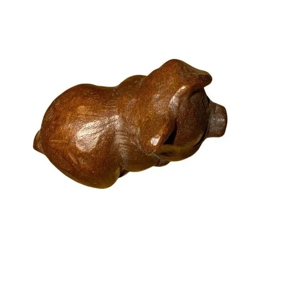 Hand-Carved Piglet Figurine Miniature Brown Polished 2.5in Felt‎ Pads farmcore