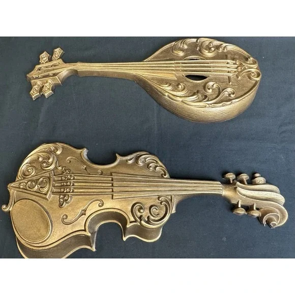 Vintage 70s Sexton Metal Wall Plaques Violin & Mandolin MCM 15