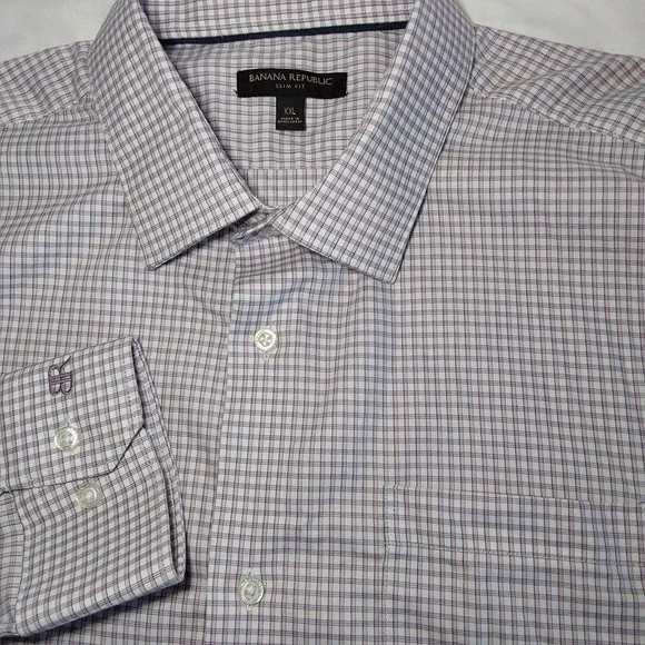 Banana Republic Shirt Men's 2XL‎ Purple & White Check Long Sleeve Button Down