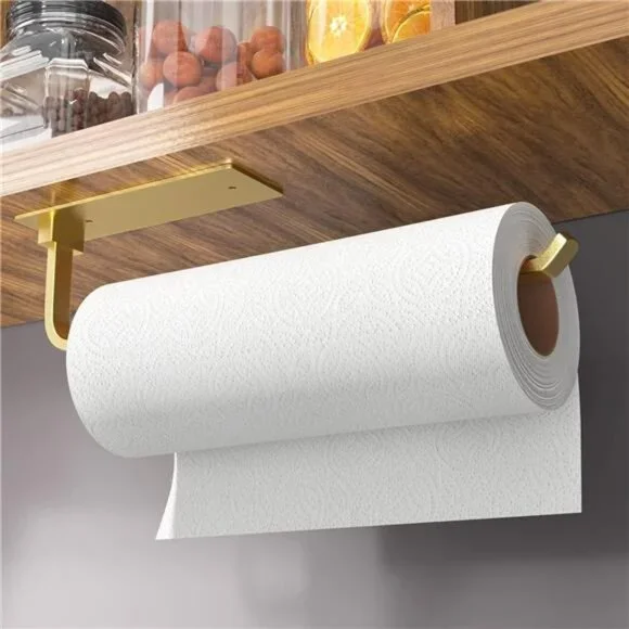 Paper Towel Holder - Self-Adhesive or Drilling, Gold, Upgraded Aluminum Kitchen