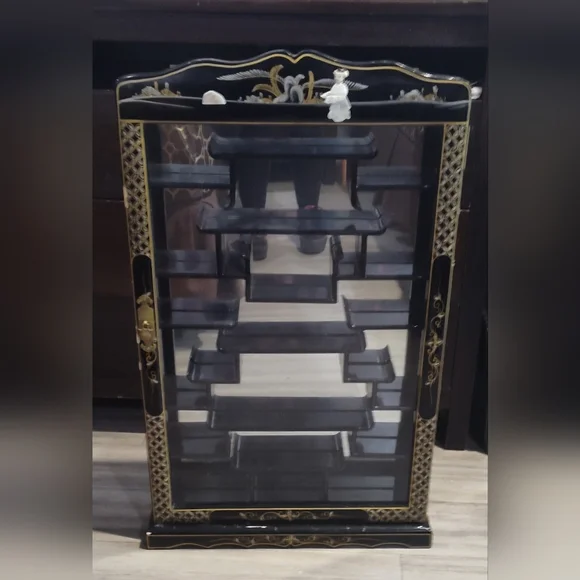 Vintage Oriental Style Black, Ivory And Gold Wall Display Shelf
