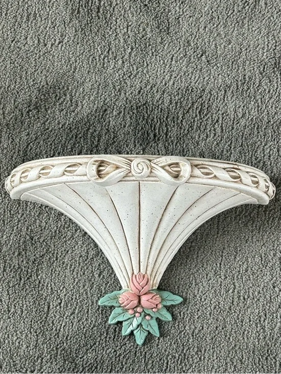 Vintage Burwood Wall Shelf Cream Flowers Bow Plastic Hanging #3120