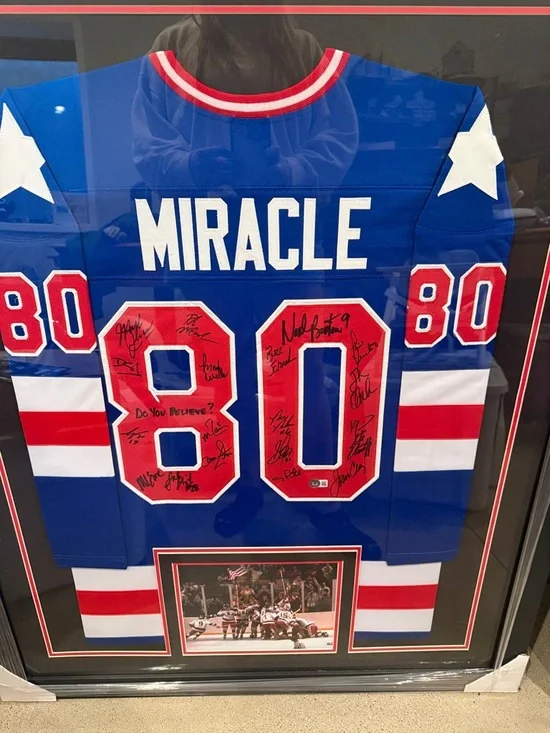 Miracle 80 Signed Framed Hockey Jersey Wall Display - Blue/Red