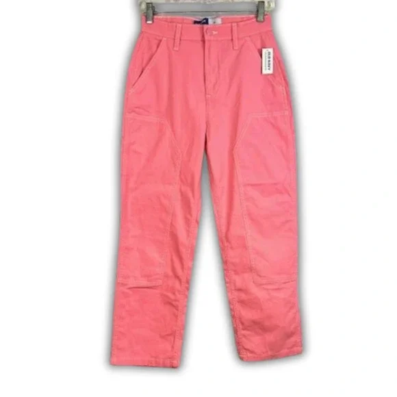 Old Navy Girls Pink Carpenter Pants High Waisted Utility Canvas‎ Size 14 NWT