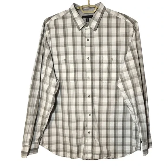 Banana Republic Mens Grey White Plaid Cotton Button Up Shirt XL 17-17 1/2 Preppy