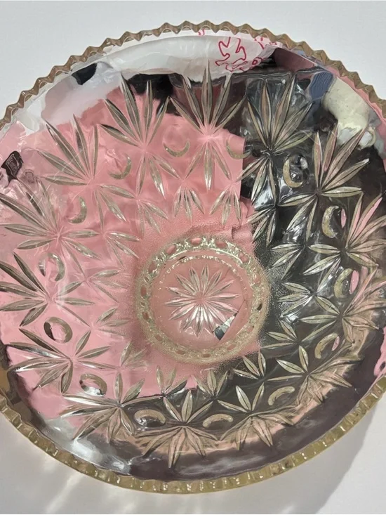 Pressed Glass Pink Centerpiece Bowl with Star Pattern