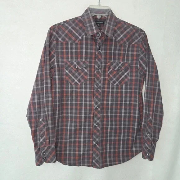 Banana Republic‎ Western Shirt Mens M Blue Brown Plaid Snap Front Rodeo Cowboy