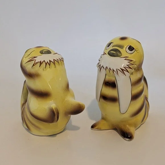 Vintage Norcrest Japan WALRUS Yellow & Brown Stripe Salt & Pepper Shakers H643