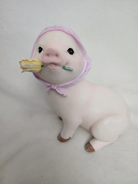 Pink Pig Figurine with Yellow Flower - Decorative Small Pet Statue