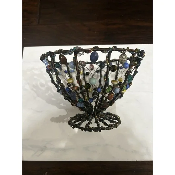 VTG Unique Beaded Wire Basket Boho Decor Shelf