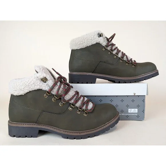 Sun Stone Glenn Winter Boots Mens 7.5M Olive Faux Fur Trimmed Lace Up Shoes NWB
