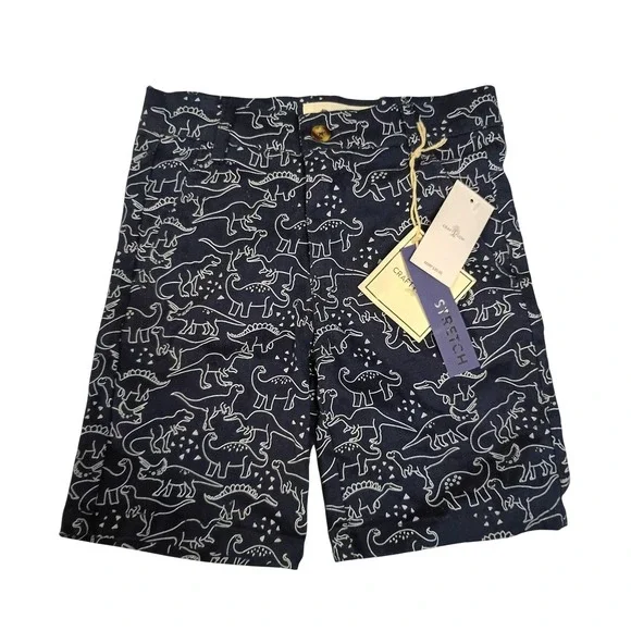 Craft + Flow Boys Navy Blue Dinosaur Print Chino Shorts Size 4 Stretch NWT