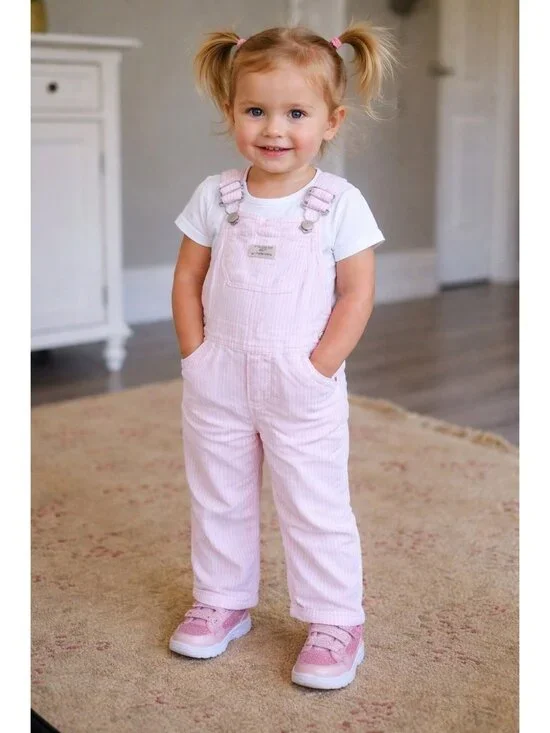 Oshkosh B'Gosh Vestbak Pink White Striped Bib Overalls Size 2T Soft Stretch