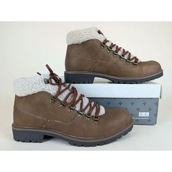 Sun Stone Glenn Lace Up Boots Mens 10 M Tan Faux Leather Fleece Shoes NWB