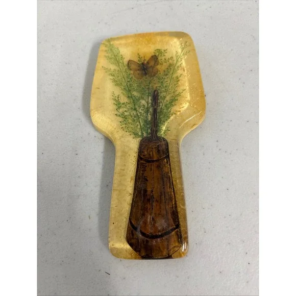 Vintage Resin Spoon Rest Butterfly Botanical Pressed‎ Flower Amber Lucite 70s